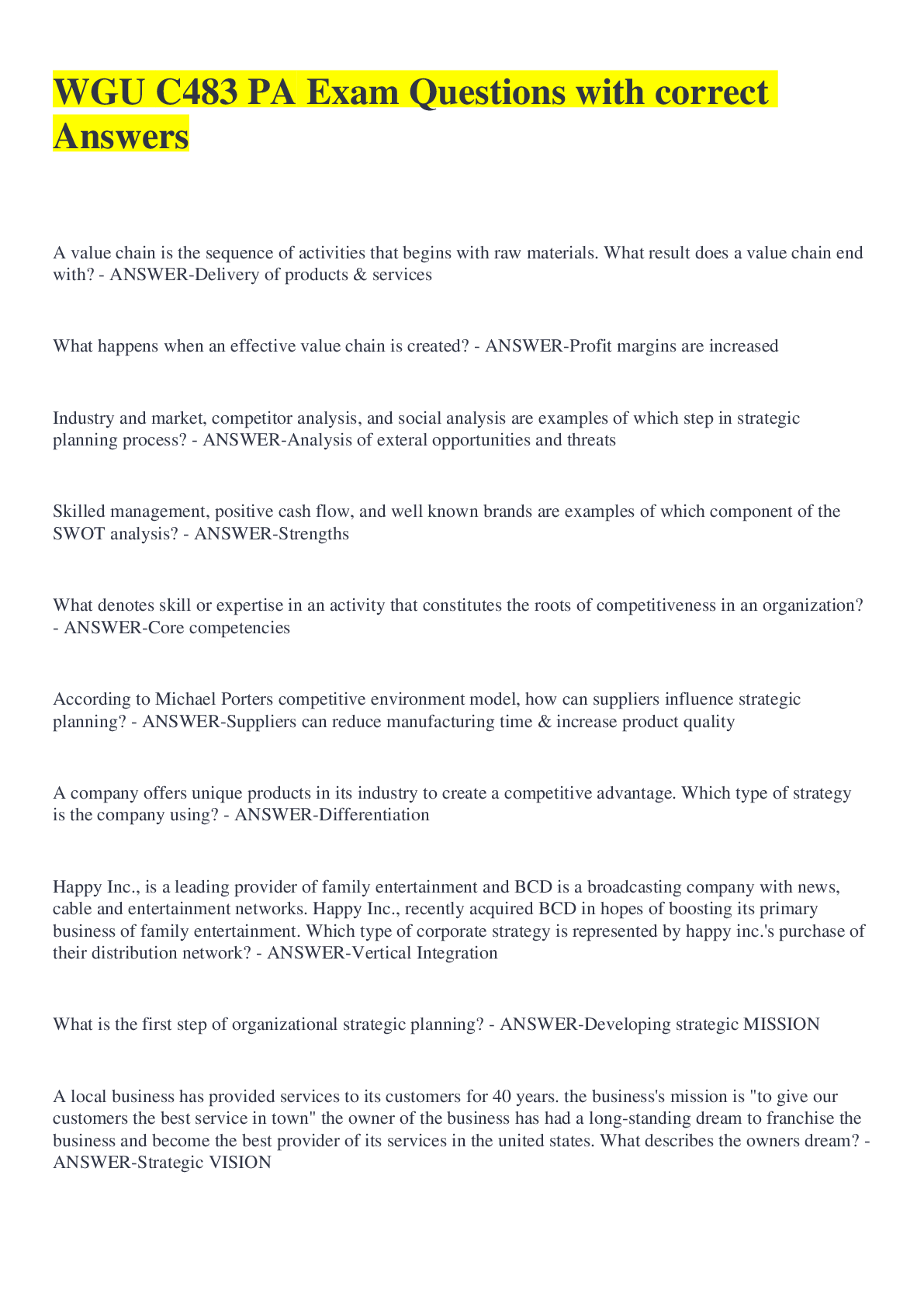 Preview image for WGU C483 PA Exam Questions with correct Answers